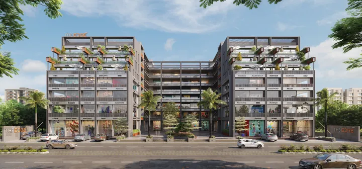 THE EDGE front elevation in daylight, two blocks linked around a central courtyard