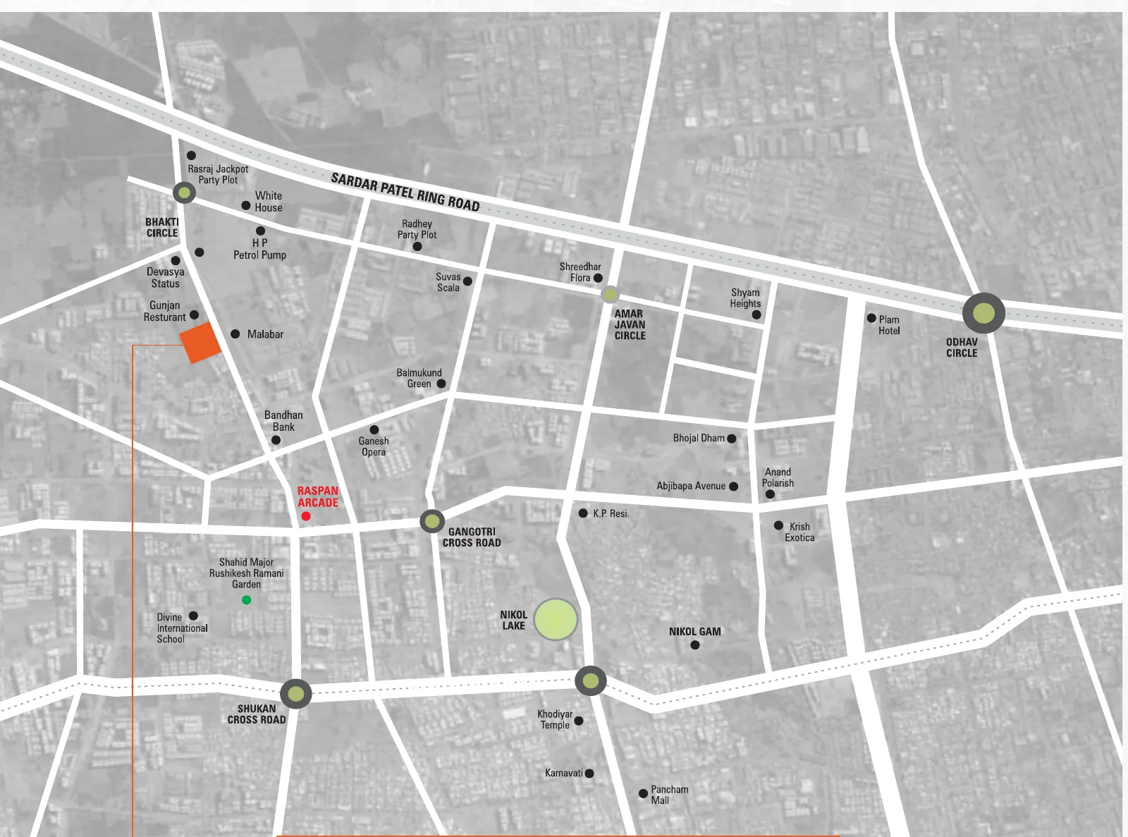 Location map showing THE EDGE on Bhakti Circle Road near Sardar Patel Ring Road, Gangotri Cross Road and Nikol Lake
