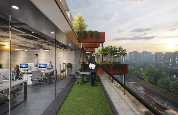 Office suite opening onto a landscaped balcony